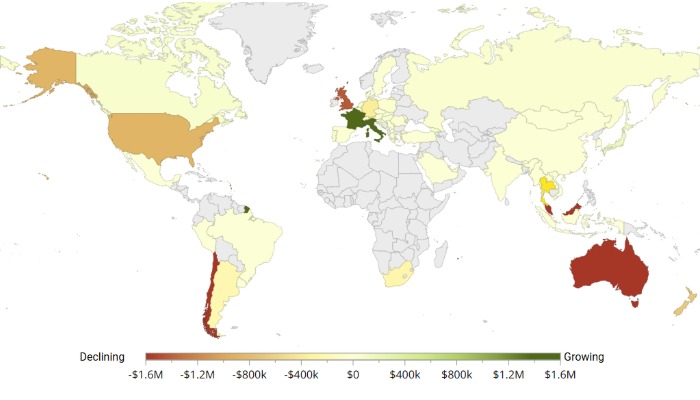 The map shows the market growth of wine imports to Thailand between 2023-24